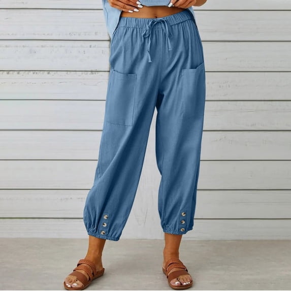 Women's High Waist Pants Drawstring Capri Yoga Pants with Pockets Wide Leg Pants for Women