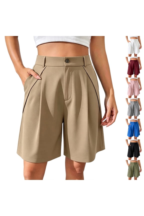 Women's High Waist Paper Bag Bermuda Shorts Loose Pleated Dress Shorts for Work Casual, Comfort Stretch | VerBelle,Army Green XL