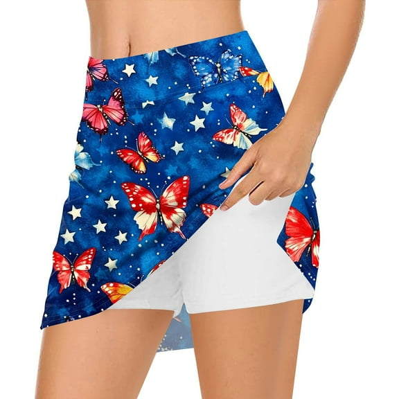 Women's High Waist Patriotic Skort with Pockets, American Flag Floral Design Athletic Sports Skirt for Independence Day 4th of July,Blue XL