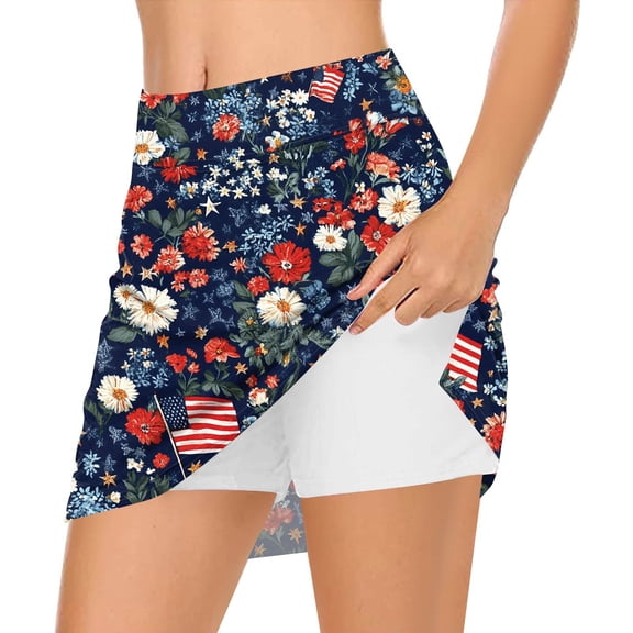 Women's High Waist Patriotic Skort with Pockets, American Flag Floral Design Athletic Sports Skirt for Independence Day 4th of July,Navy M