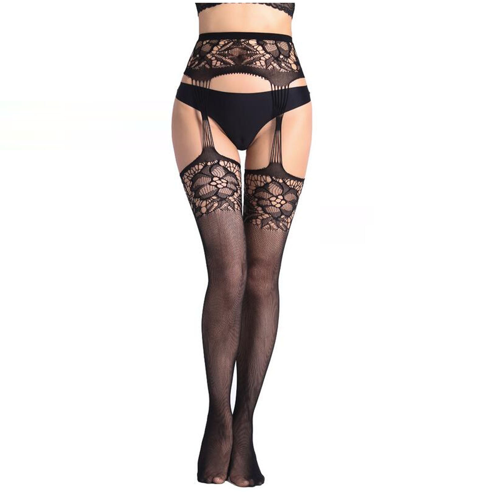 Women s High Waist Patterned Fishnet Suspender Tights Pantyhose Sexy Thigh High Black Stockings Walmart