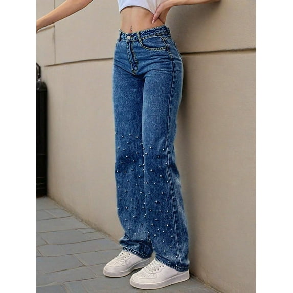 Women's High Waist Pearl Embellished Flare Jeans Vintage Dark Wash 90s Denim Pants