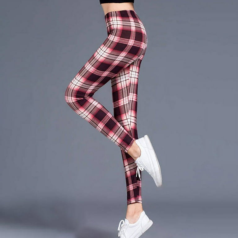 Women's High Waist Plaid Elastic Slim Pants Yoga Leggings Gym Sports  Trousers 
