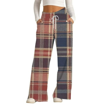 Women's High Waist Plaid Lounge Pants, Wide Leg Casual Drawstring Trousers with Pockets Comfortable and Stylish