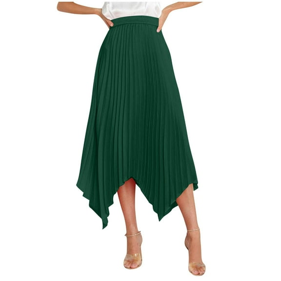 Women's High Waist Pleated A-Line Flowy Skirt, Solid Color Elegant Irregular Midi Skirts Green S