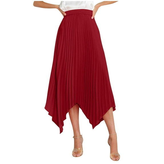 Women's High Waist Pleated A-Line Flowy Skirt, Solid Color Elegant Irregular Midi Skirts Wine XXL