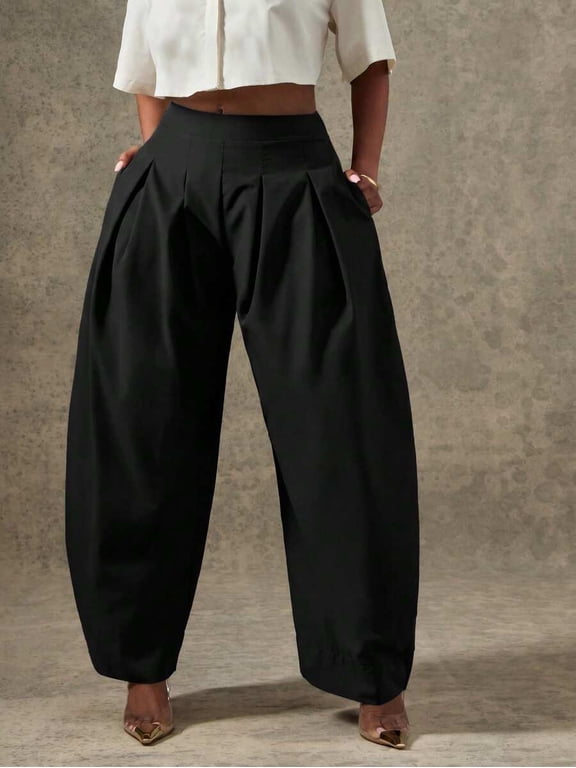 Women's High Waist Pleated Barrel Leg Pants with Pockets for Office Work Daily Wear
