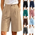thumbnail image 1 of Women's High Waist Pleated Bermuda Shorts Knee Length Wide Leg Dress Shorts with Pockets Casual office Business Summer Work Pants White, 1 of 9