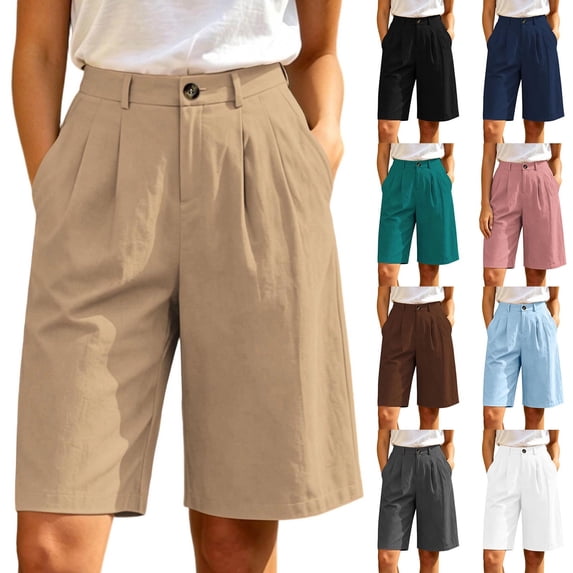 Women's High Waist Pleated Bermuda Shorts Knee Length Wide Leg Dress Shorts with Pockets Casual office Business Summer Work Pants White
