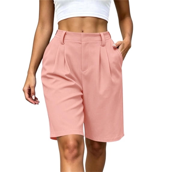 Women's High Waist Pleated Bermuda Shorts Loose Wide Leg Dressy Knee Length Suit Shorts with Pockets for office Casual Daily Wear Pink