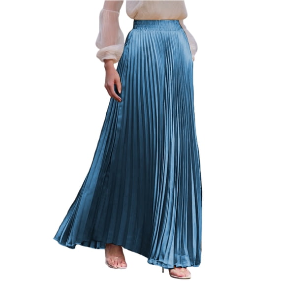 Women’s High Waist Pleated Maxi Skirt Elegant A Line Long Skirt Flowy Lightweight Skirt for Casual and Formal Wear Blue XL