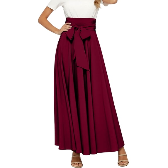 Women's High Waist Pleated Maxi Skirt with Front Bow