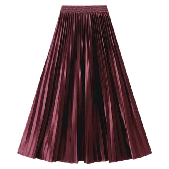 Women's High-Waist Pleated Midi Skirt Glossy Finish for Casual and Dressy Wear, Flowy A-Line Long Skirt for Office and Events, Versatile Apparel for Ladies,Brick Red One Size