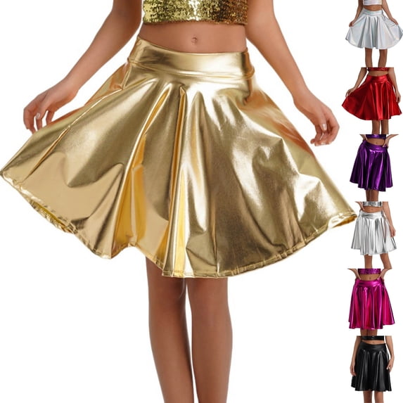 Women's High Waist Pleated Mini Skirt, Sexy Performance Skirt with Full Hem, Sparkly Stage Skirt for Dance, Show and Cosplay,Light Gray,M