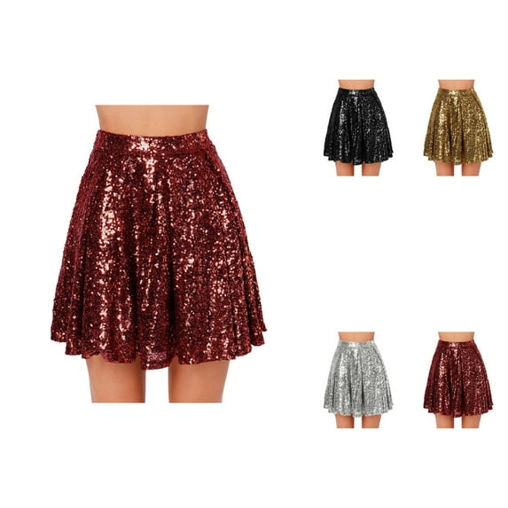 Women's High Waist Pleated Sequin Skirt, Sparkly Stretchy A-Line Flowy Swing, Solid Color, Mini Size