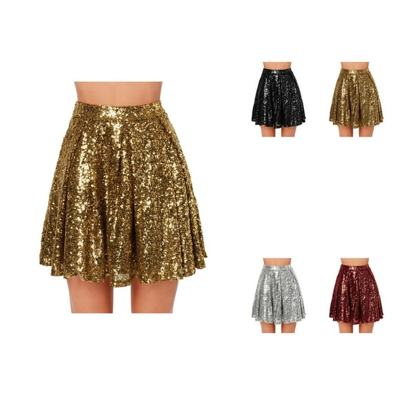 Women's High Waist Pleated Sequin Skirt, Sparkly Stretchy A-Line Flowy Swing, Solid Color, Mini Size