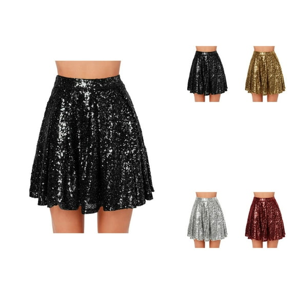 Women's High Waist Pleated Sequin Skirt, Sparkly Stretchy A-Line Flowy Swing, Solid Color, Mini Size