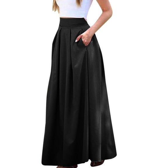Women's High Waist Pleated Skirt - Solid Color, OL Style, Polyester, Large Pocket, All Season