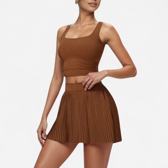 Women's High Waist Pleated Skirt with Built-In Shorts and Stretch Waistband - Small, Brown