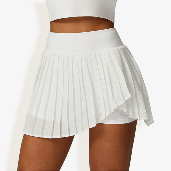Women's High Waist Pleated Skort with Built-In Shorts and Asymmetrical Wrap Design- Medium, White