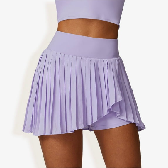 Women's High Waist Pleated Skort with Built-In Shorts and Asymmetrical Wrap Design- Small, Purple