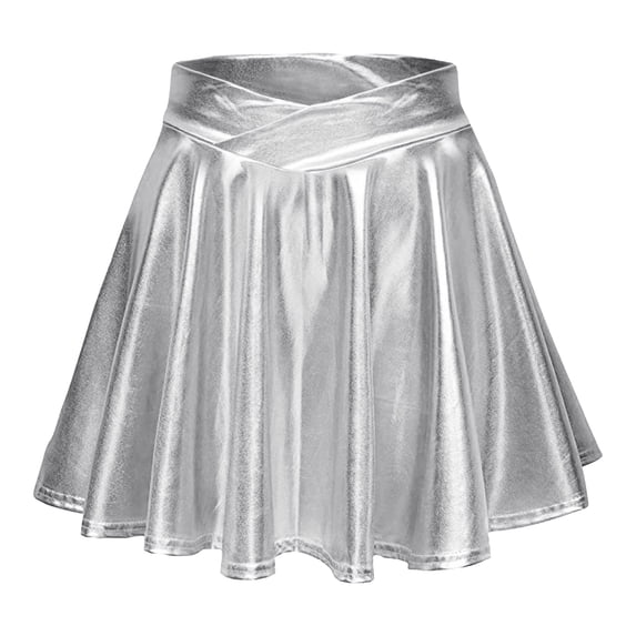 Women's High Waist Pleated Solid Color Short Skirt - Metallic Skater Skirt, Sparkly Shiny Flared A - Line Mini Skort, Comfortable & Breathable