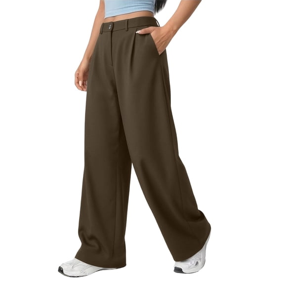 Women's High Waist Pleated Wide Leg Dress Pants Solid Color Flowy Loose Straight Suit Trousers with Pockets Business office Casual Pants Coffee