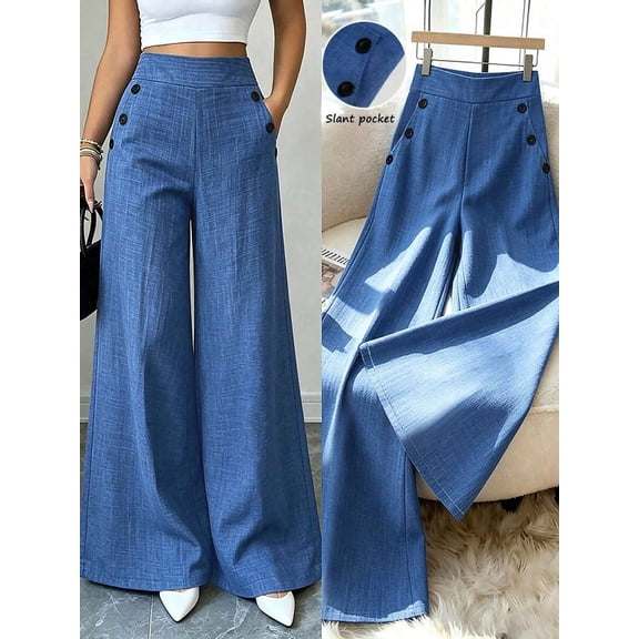 Women's High Waist Pleated Wide Leg Pants, Button Detail Trousers with Pockets for Going Out, Travel & Casual Wear