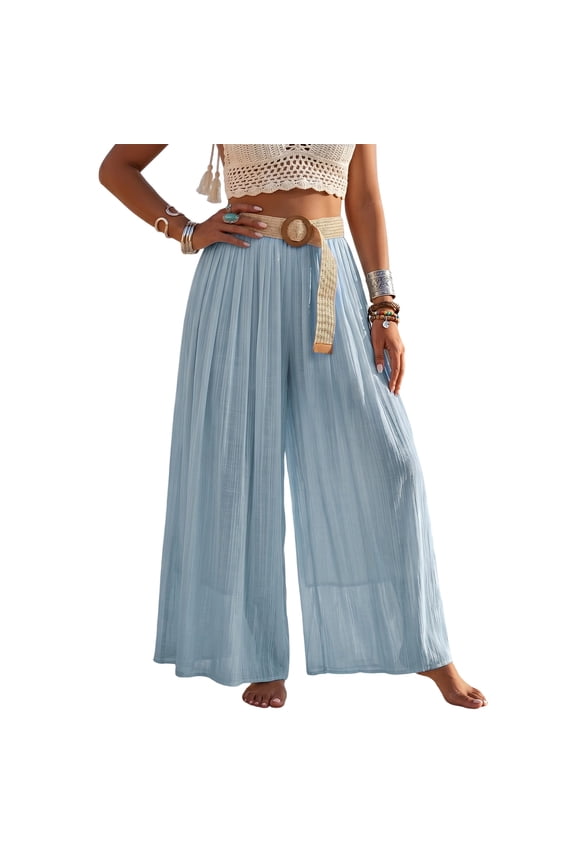 Women's High Waist Pleated Wide Leg Pants with Wooden Buckle Belt, Lightweight Cotton Linen Flowy Palazzo Trousers, Solid Color Casual Beach Vacation Pants(Light BlueS)