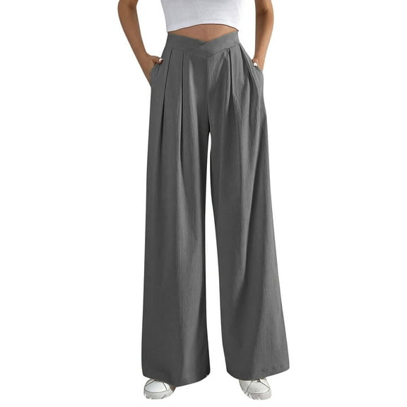 Women's High Waist Plicated Wide Leg Trousers, Loose Fit, with Pocket, Zipper Up, for Casual & Vacation Wear