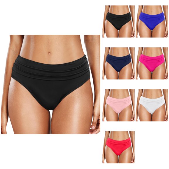Women's High Waist Plus Size Bikini Bottoms, Tummy Control Ruched Swim Shorts, Full Coverage High Cut Swimsuit Bottom for Beach Sports Yoga