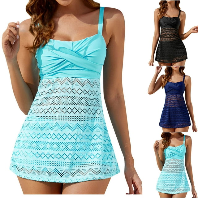 Women's High Waist Plus Size Split Mesh Swimsuit Conservative Swim Skirt Swimsuit Two Piece Bathing Suit Tankini Sky Blue,L