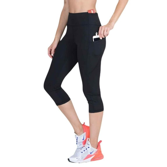 Women's High Waist Pocket Activewear Leggings, Black, Capri, XS