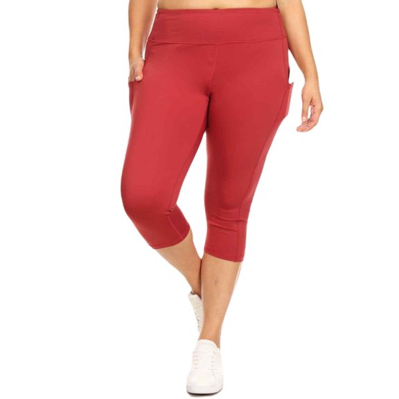 Women's High Waist Pocket Activewear Leggings, Brick Red, Capri, 3XL