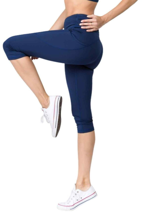 Women's High Waist Pocket Activewear Leggings, Navy Blue, Capri, S