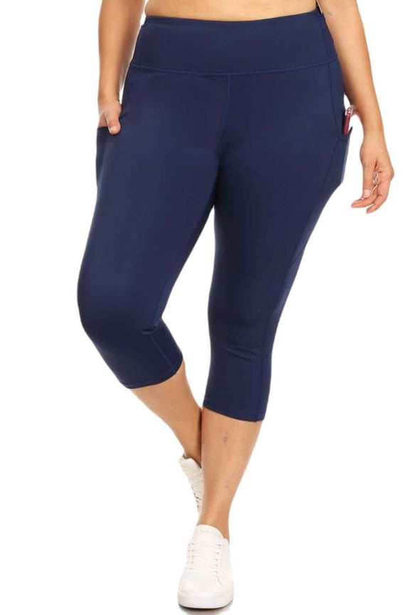 Women's High Waist Pocket Activewear Leggings, Navy Blue, Capri, XL