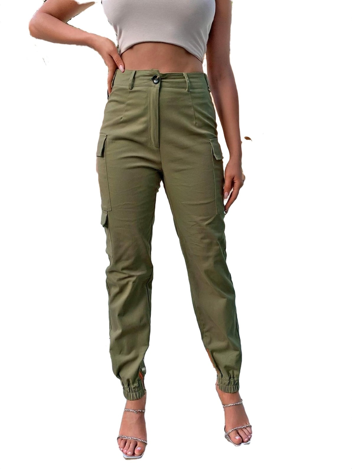 Women's High Rise Trousers Pocket Side Cargo Pants Khaki