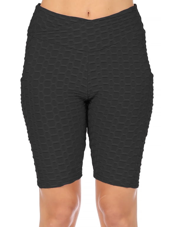 Women's High Waist Pockets Mesh Athletic Running Yoga Gym Biker Shorts