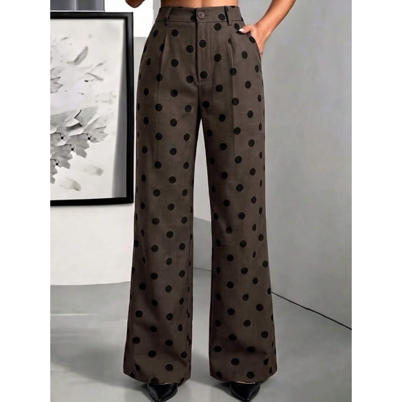 Women's High Waist Polka Dot Flared Suit Pants, Pleated Button Zipper Closure Trousers with Pockets for Office Party Casual Wear