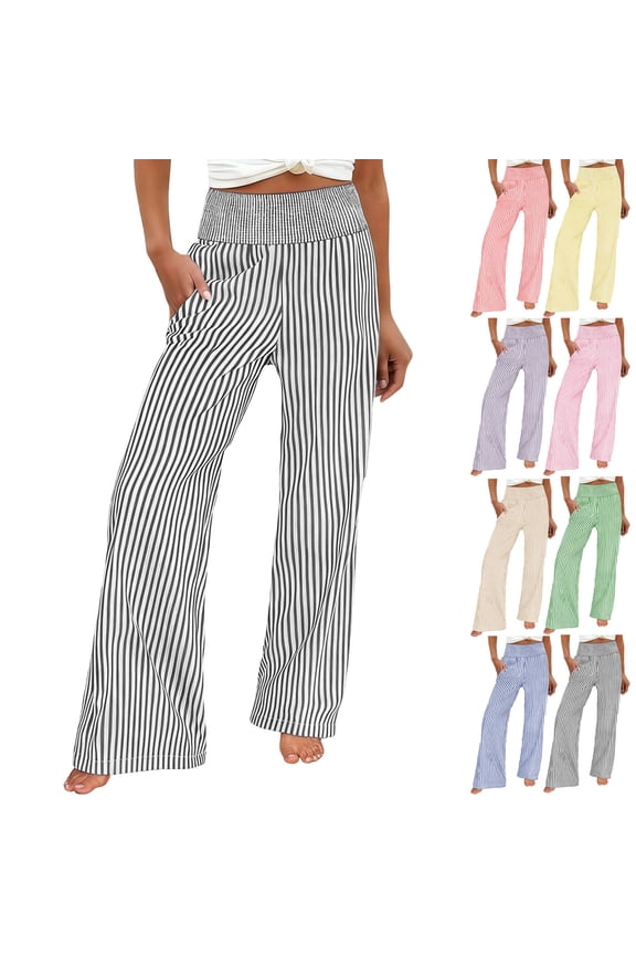 Women's High Waist Pull On Wide Leg Trousers with Pockets, Soft Polyester Blend, Elastic Waist Flowy Relaxed Palazzo Pants, Tummy Control, Wrinkle Resistant, Comfy Dress Pant