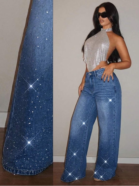 Women's High Waist Rhinestone Straight Leg Jeans, Light Wash Sparkly Denim Pants for Statement Night Outfits