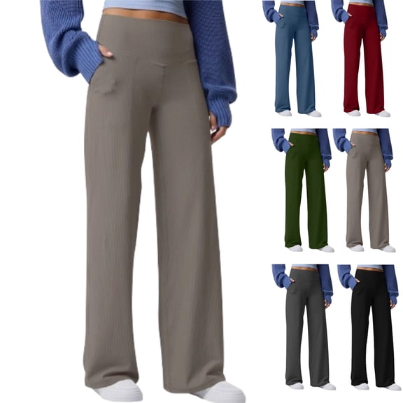 Women's High Waist Ribbed Flare Leggings Loose Yoga Pants Casual Workout Comfy Wide Leg Trouser with Pockets Khaki S