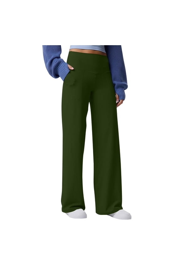 Women's High Waist Ribbed Wide Leg Yoga Pants, Brushed Flare Leggings with Pockets, 4-Way Stretch Casual Workout Trousers for Running, Lounge and Daily Wear Green