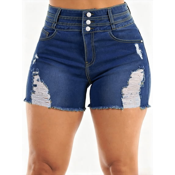 Women's High Waist Ripped Denim Shorts 3 Button Raw Hem Distressed Stretch for Casual Summer Dark Blue