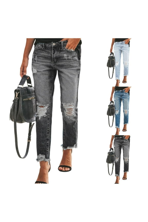 Women's High Waist Ripped Jeans, Vintage Wash Straight Leg Distressed Jeans, Comfortable Stretch Denim for Casual Wear, Street Style and Daily Outfits-Black