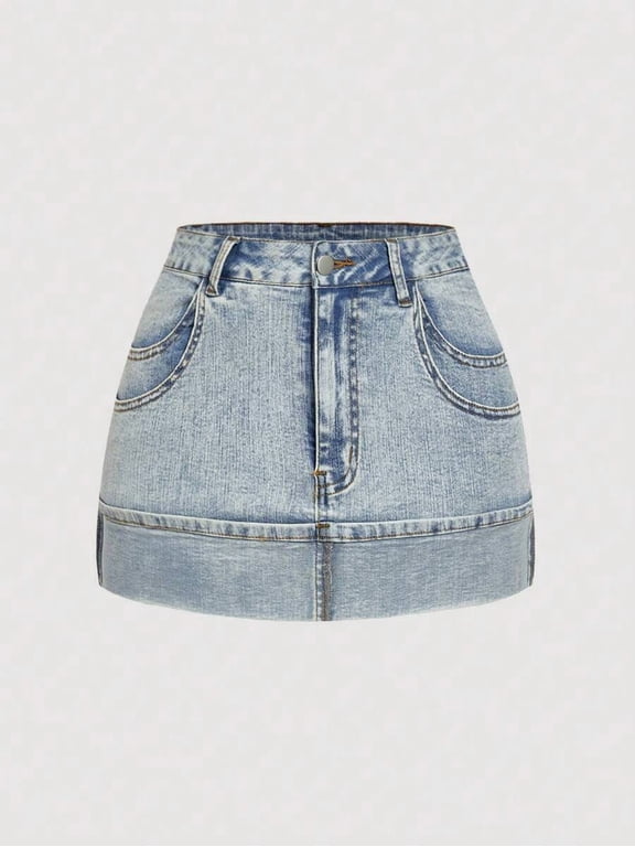 Women's High Waist Rolled Hem Denim Mini Skirt Button Fly Pocket Jean Skirt