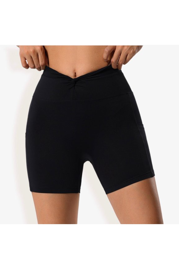 Women's High Waist Ruched Front Biker Shorts with Side Pockets and Seamless Stretch Fabric for Activewear- Medium, Black