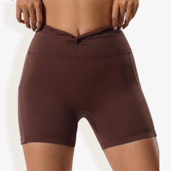 Women's High Waist Ruched Front Biker Shorts with Side Pockets and Seamless Stretch Fabric for Activewear- Small, Brown
