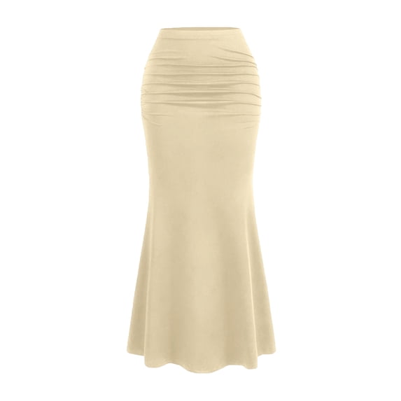 Women’s High Waist Ruched Mermaid Maxi Skirt Stretchy Slim Fit Long Skirt Flared Hem Elegant Simple Design Beige XL