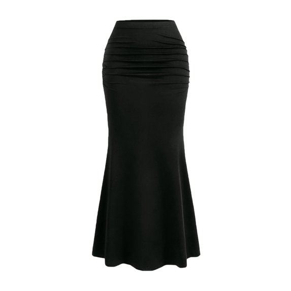 Women’s High Waist Ruched Mermaid Maxi Skirt Stretchy Slim Fit Long Skirt Flared Hem Elegant Simple Design Black XL